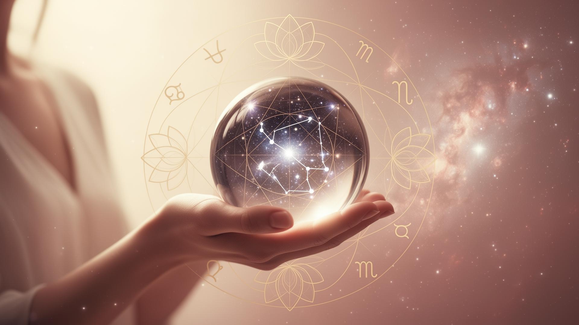 A hand cradling a crystal ball reflecting constellations
